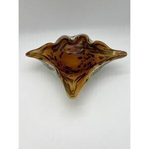 Vintage Murano Art Glass Manta Ray Amber Brown Tortoise Spotted Ashtray 1960s
